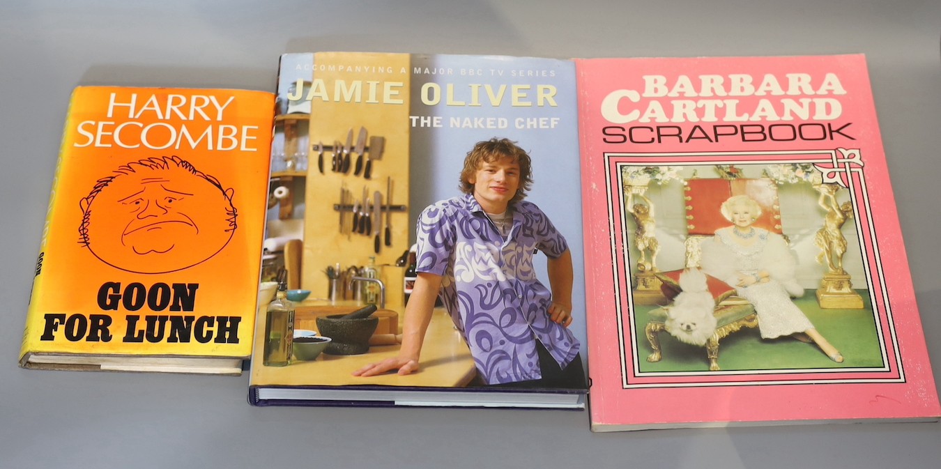Modern signed 1st editions: Oliver, Jamie, - The Naked Chef, with d/j, 1999; Cartland, Barbara - Scapbook, paperback, 2005; Rushdie, Salman - Fury, with d/j, 2001; Wisdom, Norman - Don’t Laugh at Me, with d/j, 1992; Mill